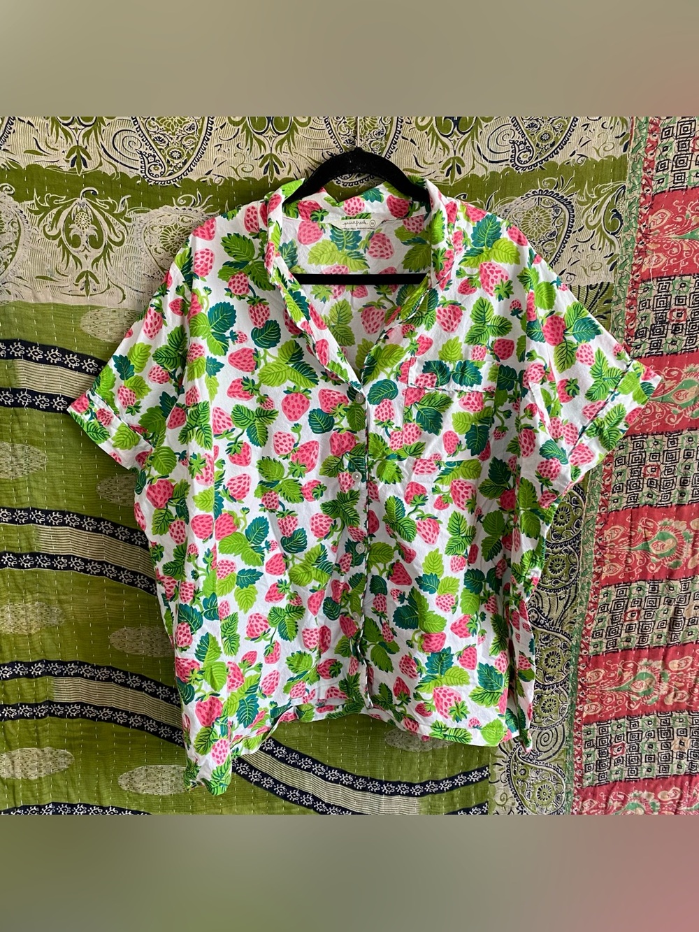 Printfresh Strawberry Fields Organic Cotton Button Down Pajama Top 2X - TOP ONLY